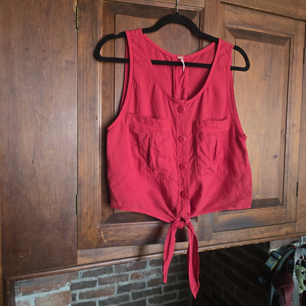 Free People Red Sleeveless Button-Down Tie-Front Highway Cruising Top - Medium